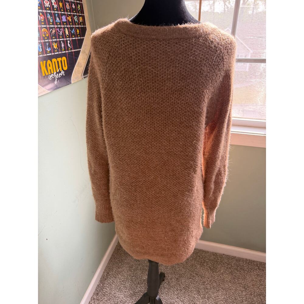 Brown Knit Shoulder Zip Sweater, Soft & Fuzzy Tunic Pullover - Picture 3 of 6